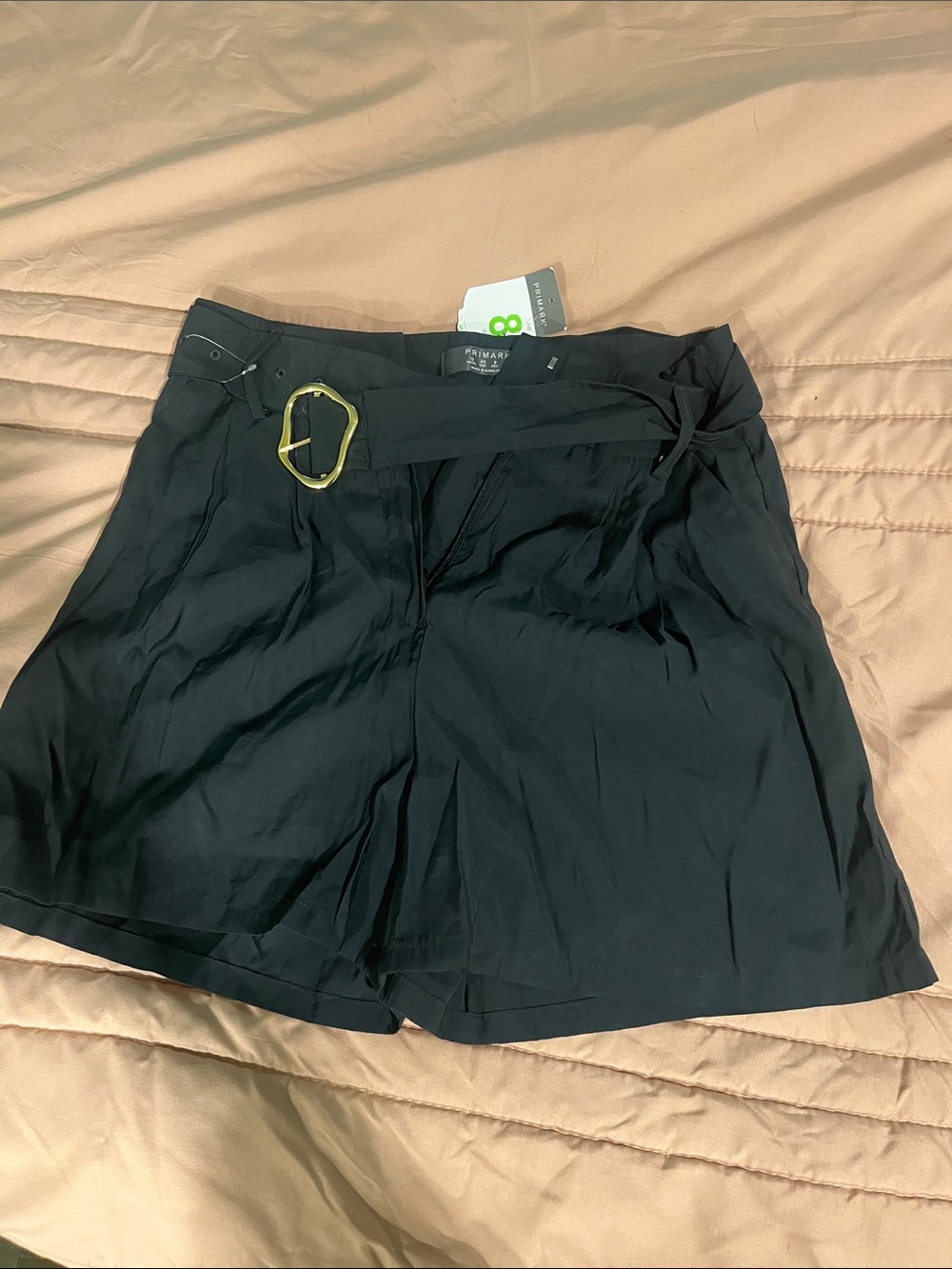 Primark Black High-Waist Shorts with Gold Buckle Belt